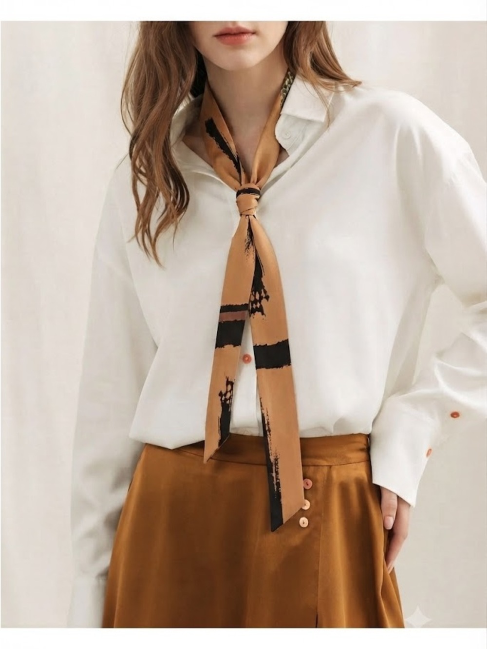 Skinny Scarf Tie in Camel Brown & Black Abstract Print Effortlessly Chic Minimal